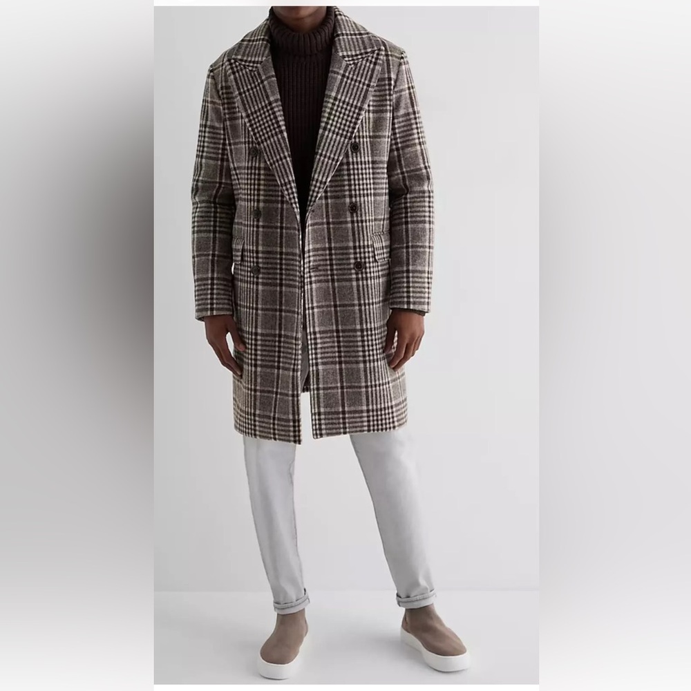 EXPRESS PLAID DOUBLE BREASTED WOOL BLEND TOPCOAT COAT XS